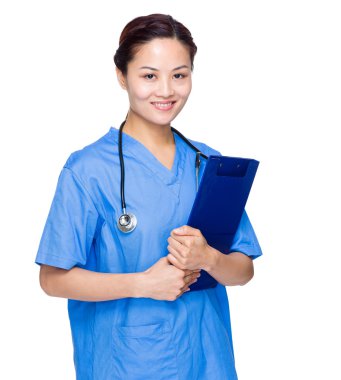 kadın doktor ameliyat elbisesi ve Pano