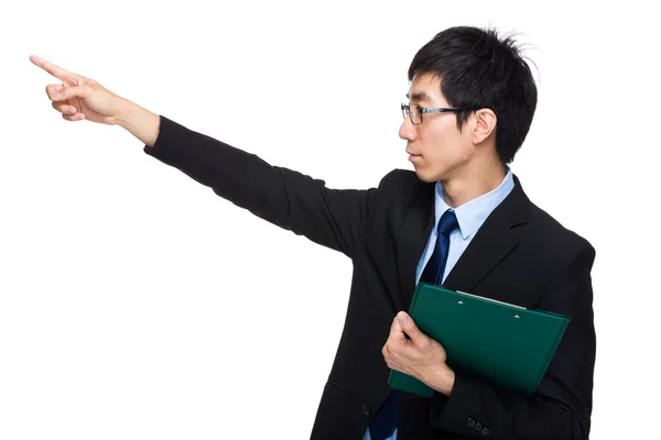 Businessman with clipboard and finger point out — Stock Photo, Image