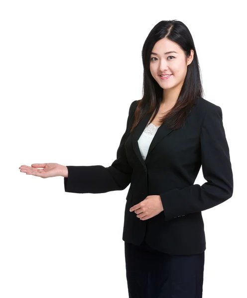 Asian business woman with open hand palm — Stock Photo, Image