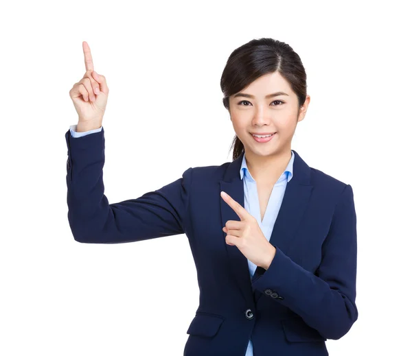 Asiática mulher de negócios com dois dedos apontar para fora — Fotografia de Stock