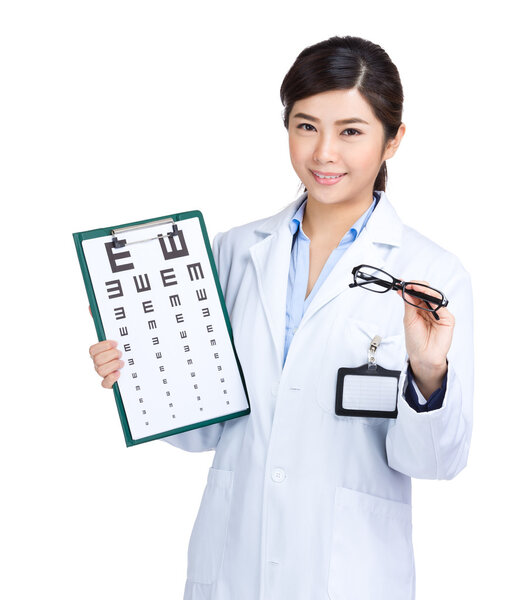 Optician doctor with eye chart and glasses