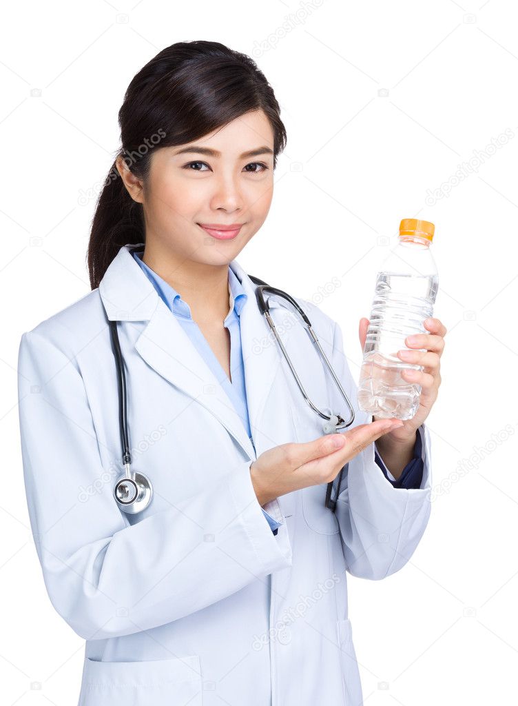 Asian doctor advertising potable water for patient