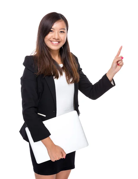 Asian business woman with laptop computer and finger up — Stock Photo, Image