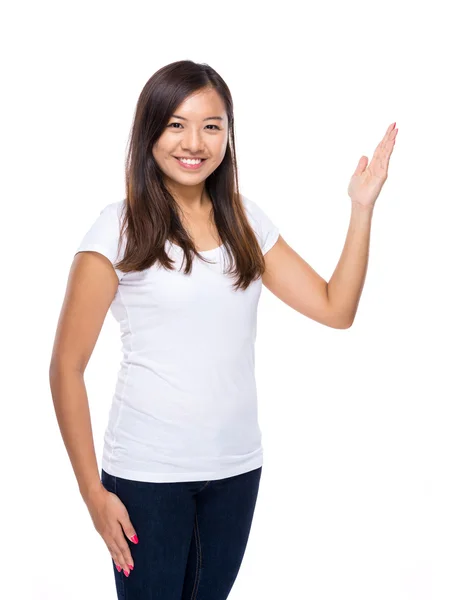 Asian woman with open hand palm — Stock Photo, Image