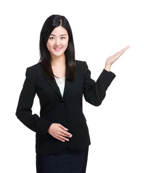 Asian business woman with open hand palm — Stock Photo, Image