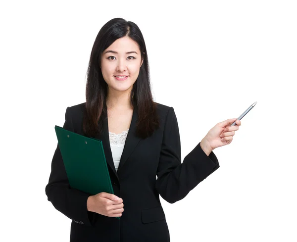 Asian business woman clipboard and pen point out — Stock Photo, Image