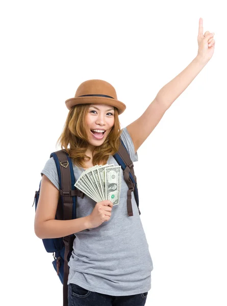 Asian woman hold with cash and hand up — Stock Photo, Image