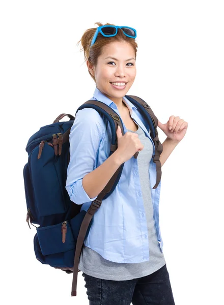 Woman with backpack and sunglasses — Stock Photo, Image