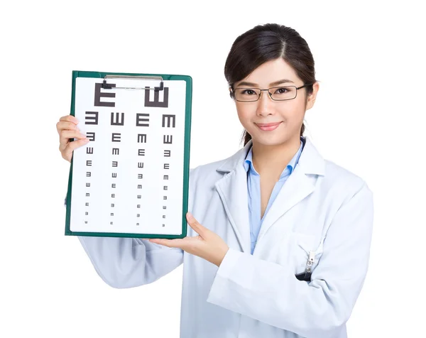 Optician doctor show with eye chart — Stock Photo, Image
