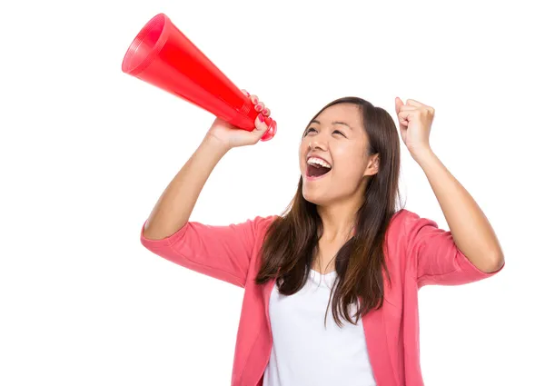 Asian woman yell with loudspeaker — Stock Photo, Image