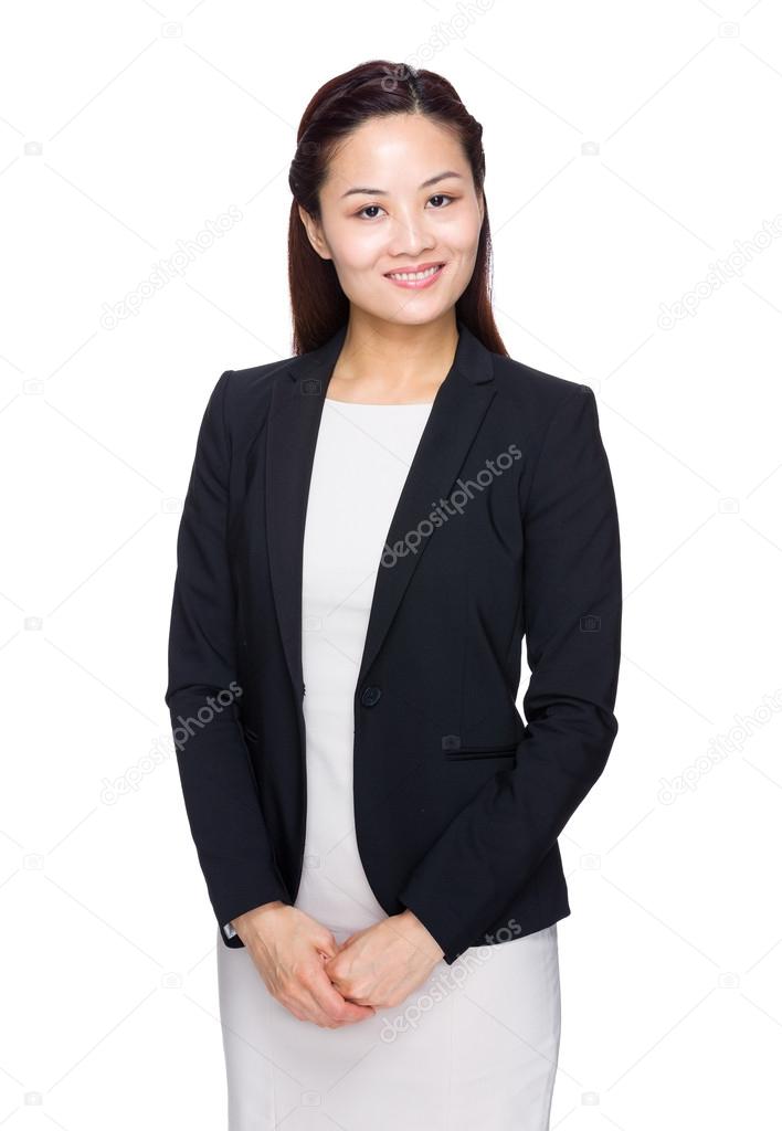 Smiling asian business woman on white background