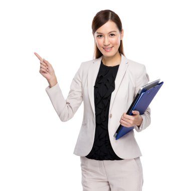 Asian business woman finger up with clip board on white backgrou clipart