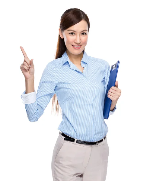 Asian business woman finger up with clip board on white backgrou — Stock Photo, Image