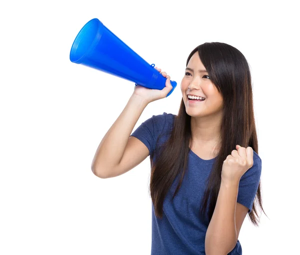 Asian young girl holding megaphone isolated on white background — Stock Photo, Image