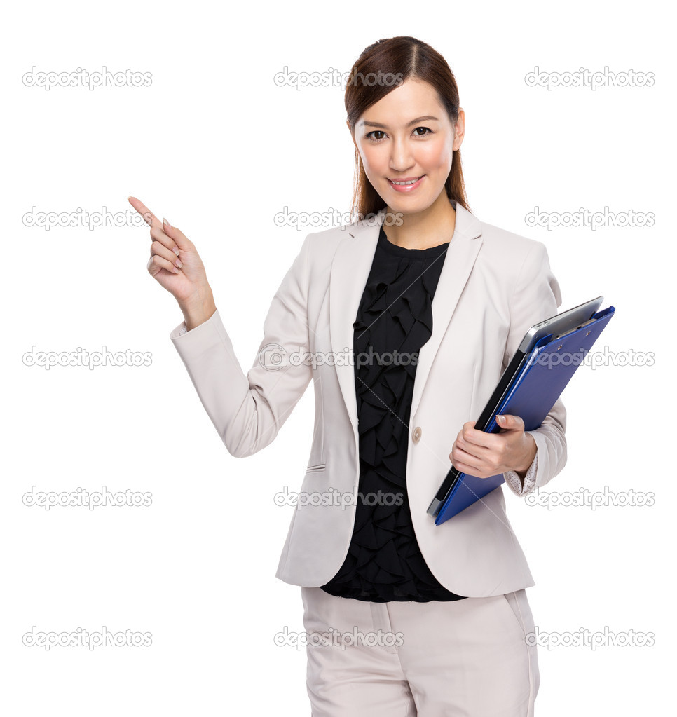 Asian business woman finger up with clip board on white backgrou