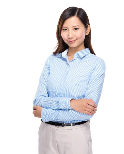 Mujer de negocios asiática doblar brazo sobre fondo blanco — Foto de Stock