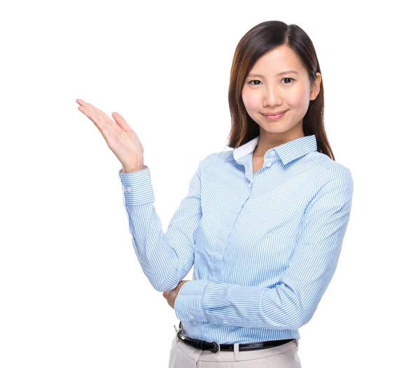 Asian businesswoman present open palm isolated — Stock Photo, Image