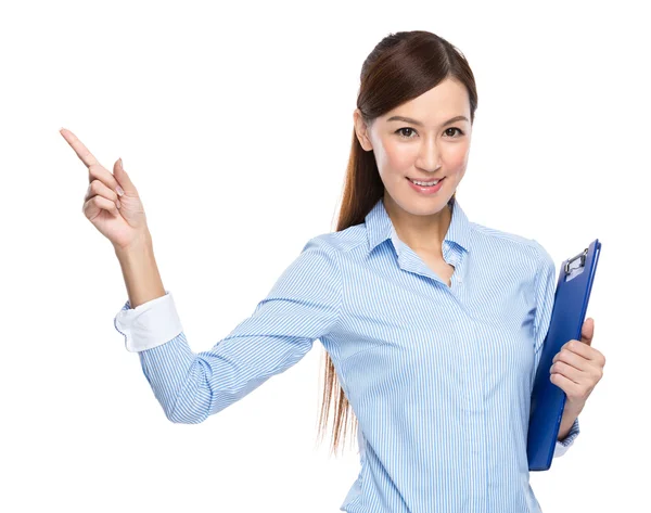 Asian businesswoman hold clipboard finger up — Stock Photo, Image