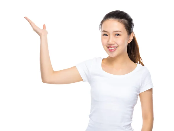 Asian young woman present by hand — Stock Photo, Image