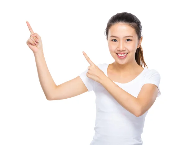 Asian young woman present finger up — Stock Photo, Image