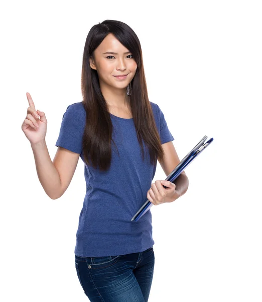 Woman with clipboard with finger up — Stock Photo, Image