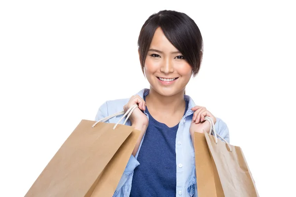Mulher segurar saco de compras — Fotografia de Stock