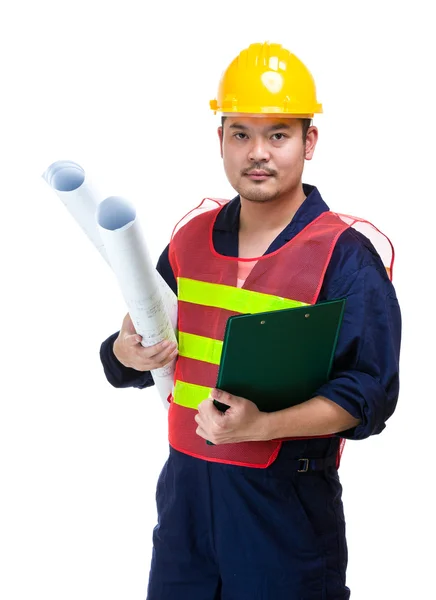 Asiatischer Vorarbeiter mit Klemmbrett und Blaupause — Stockfoto