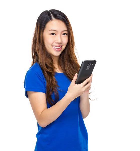 Young woman touch on cell phone — Stock Photo, Image