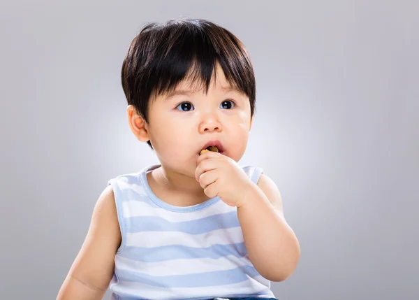 One year old baby boy eat biscuit — Stock Photo, Image