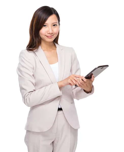 Businesswoman holding computer — Stock Photo, Image