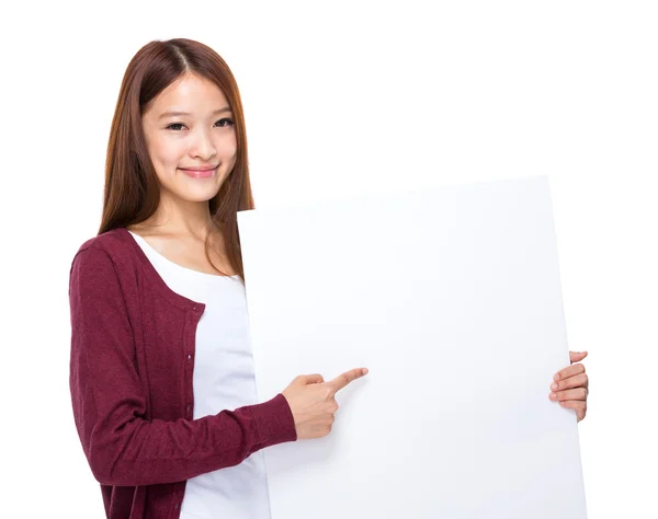Asian woman finger point to placard — Stock Photo, Image