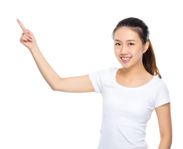 Woman with finger point out — Stock Photo, Image