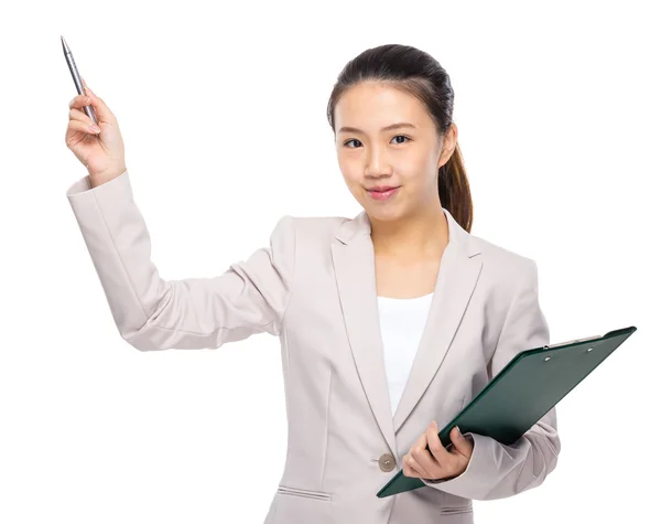 Asian businesswoman with clipboard and pen up — Stock Photo, Image