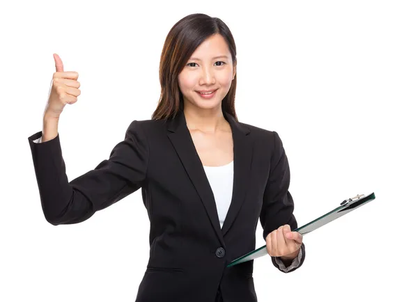 Business woman with folder and thumb up — Stock Photo, Image