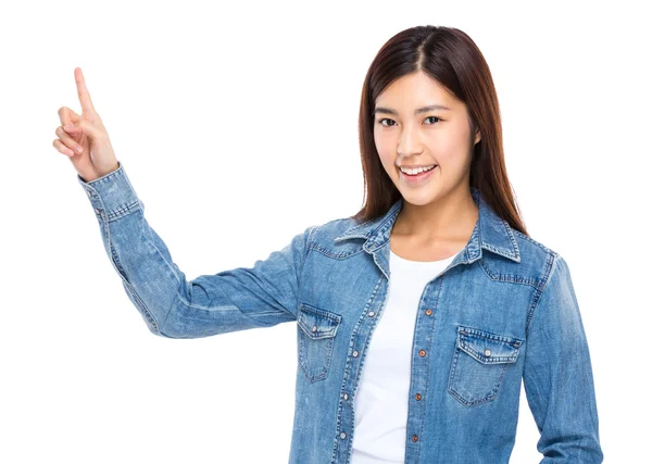 Woman with finger point out — Stock Photo, Image