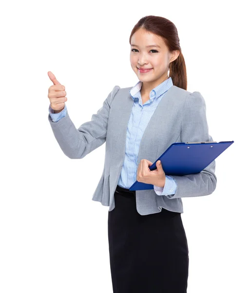 Business woman with clipboard and thumb up — Stock Photo, Image