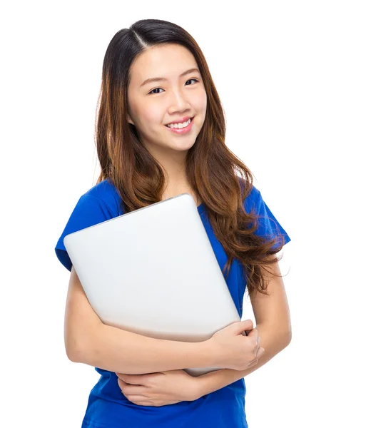 Asian woman hold laptop computer — Stock Photo, Image