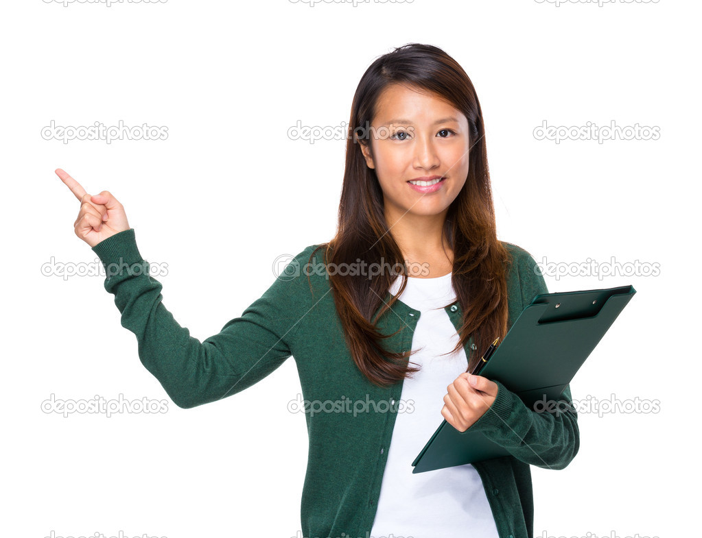 Woman with clipboard and finger up