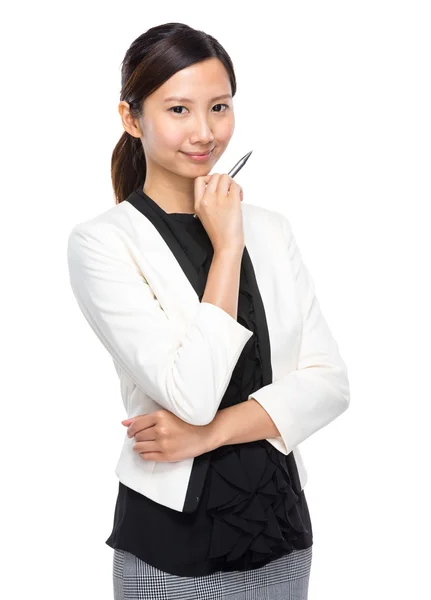 Businesswoman think of idea with pen — Stock Photo, Image