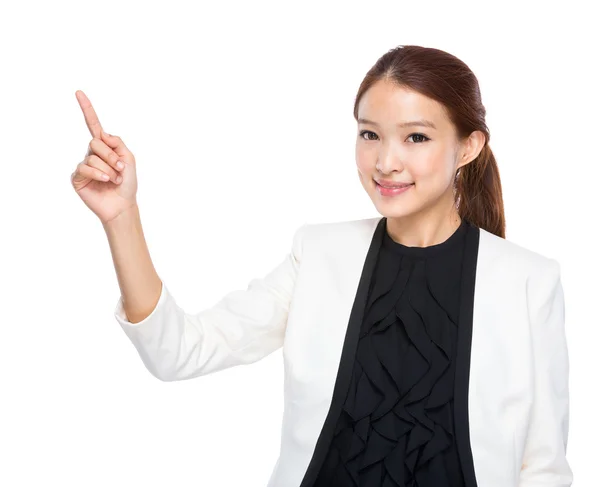 Businesswoman with finger point aside — Stock Photo, Image