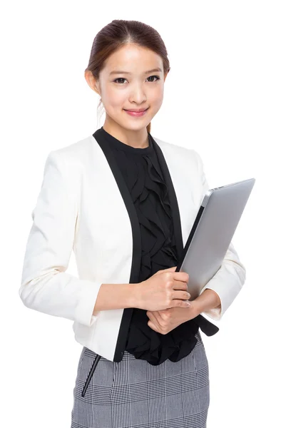 Executivo de negócios segurar computador portátil — Fotografia de Stock