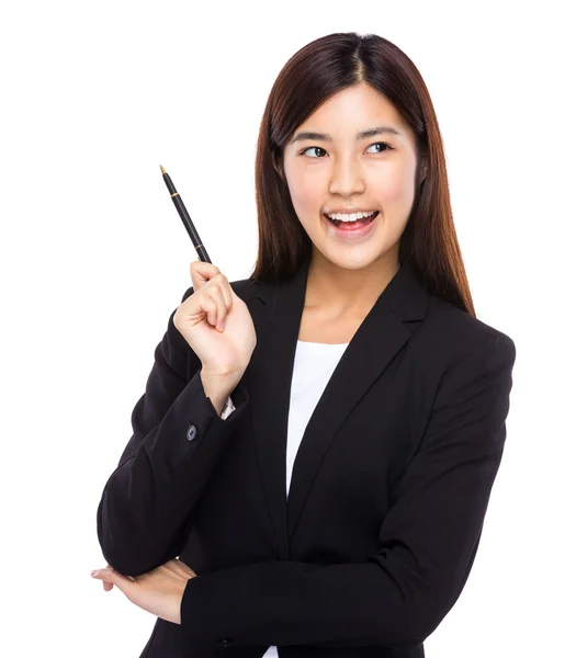 Asian businesswoman hold pen with idea — Stock Photo, Image