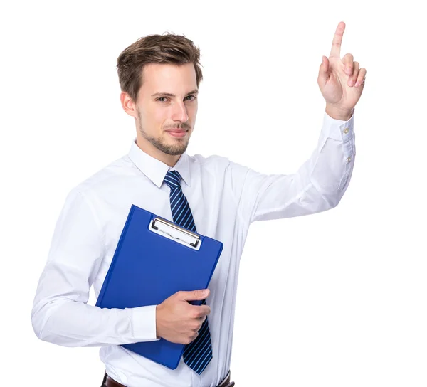 Businessman hold clipboard and finger point up — Stock Photo, Image