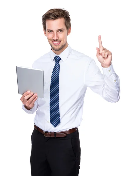 Caucasian businessman use digital tablet and finger up — Stock Photo, Image