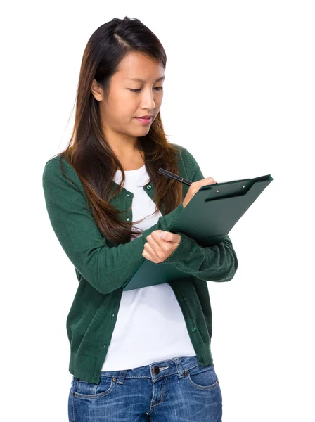 Woman write on clipboard — Stock Photo, Image