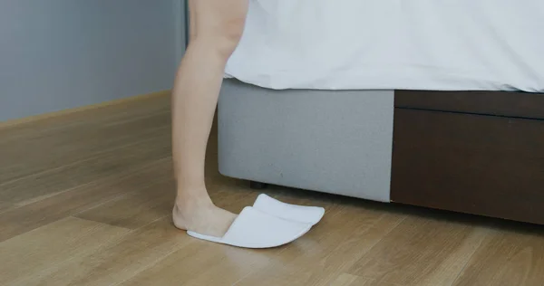 Woman Wear Slipper Bed Hotel Room — Stock Photo, Image