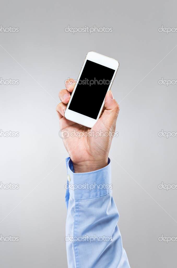 Man with blank screen of cellphone