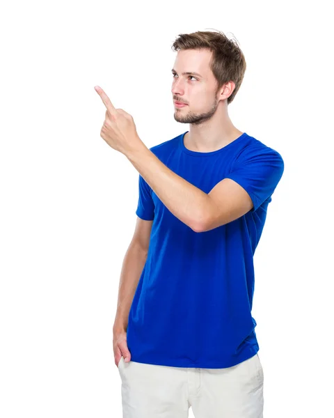 Young man look at finger point to aside — Stock Photo, Image