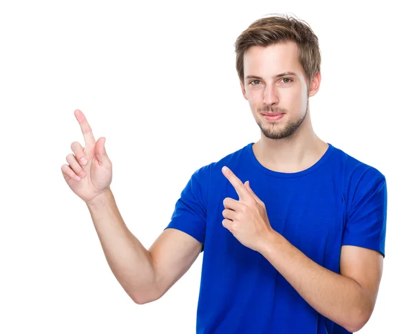 Young man with two finger point up — Stock Photo, Image