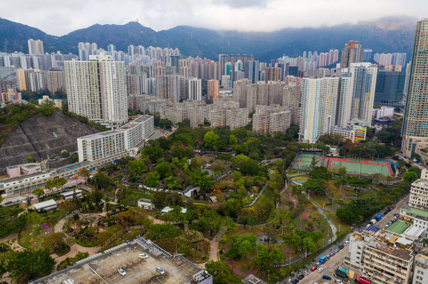 Kowloon City, Hong Kong - 28 February 2021: Top view of Hong Kong city